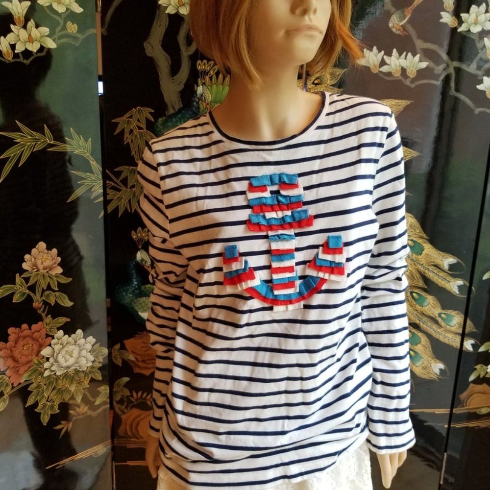 Johnnieb Size 14 Blue White Striped Anchor Top